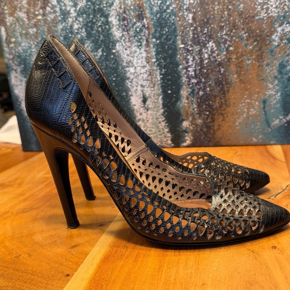 Proenza Schouler Archival 2011 Perforated Black Leather Lizard Print Pumps